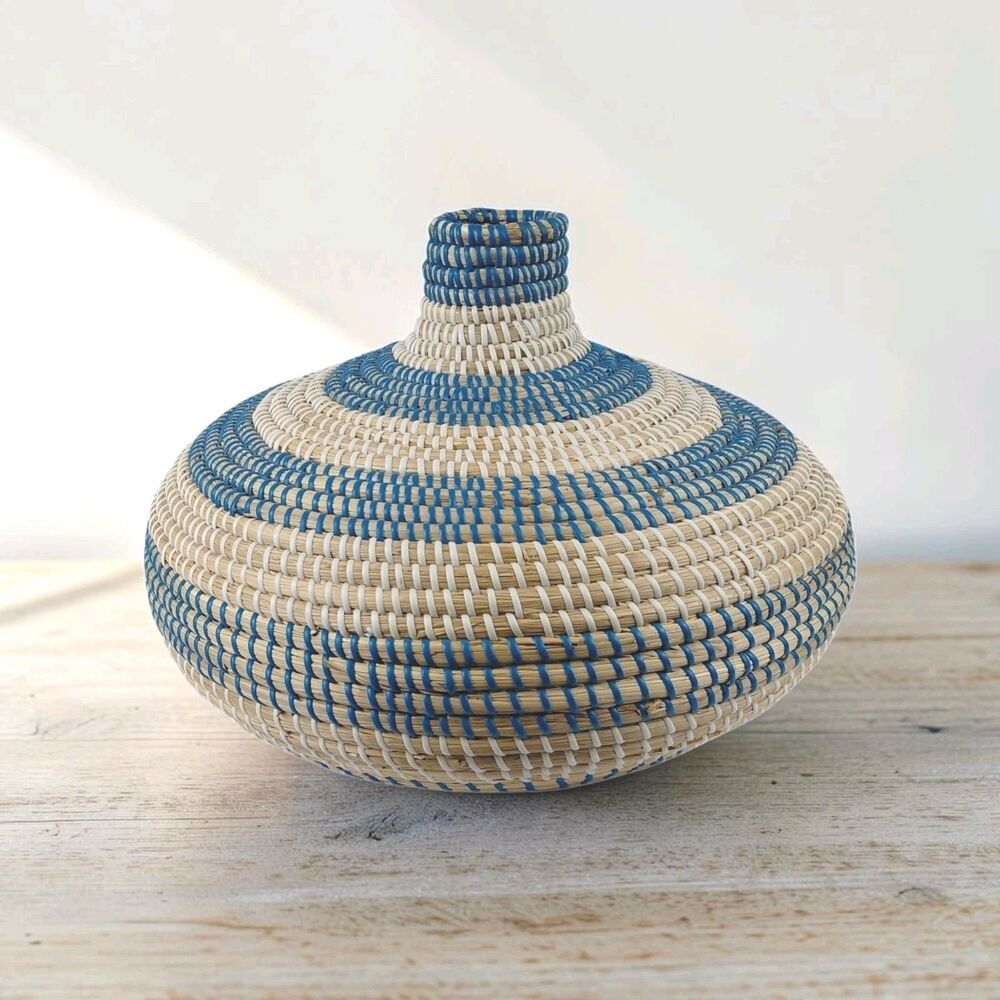 Hand Woven Carolina Sweetgrass Basket Vase Large Blue White Trim 17" Wide Decor